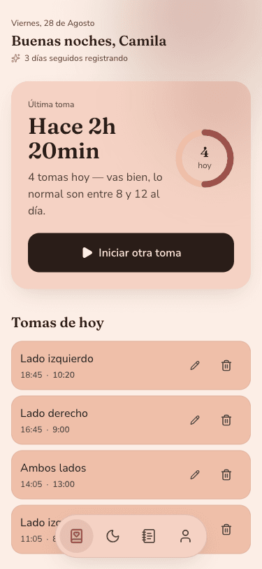 El Diario de Tomas de MammaCalm, con las tomas del día y la racha de la madre